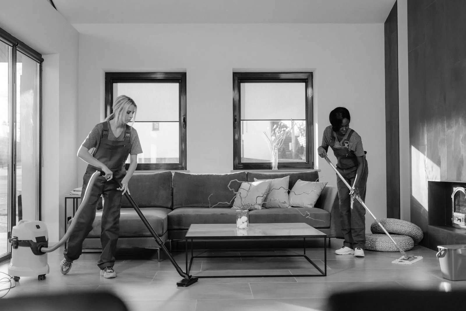 Spray Pro Clean professionals making a bright, modern living room spotless